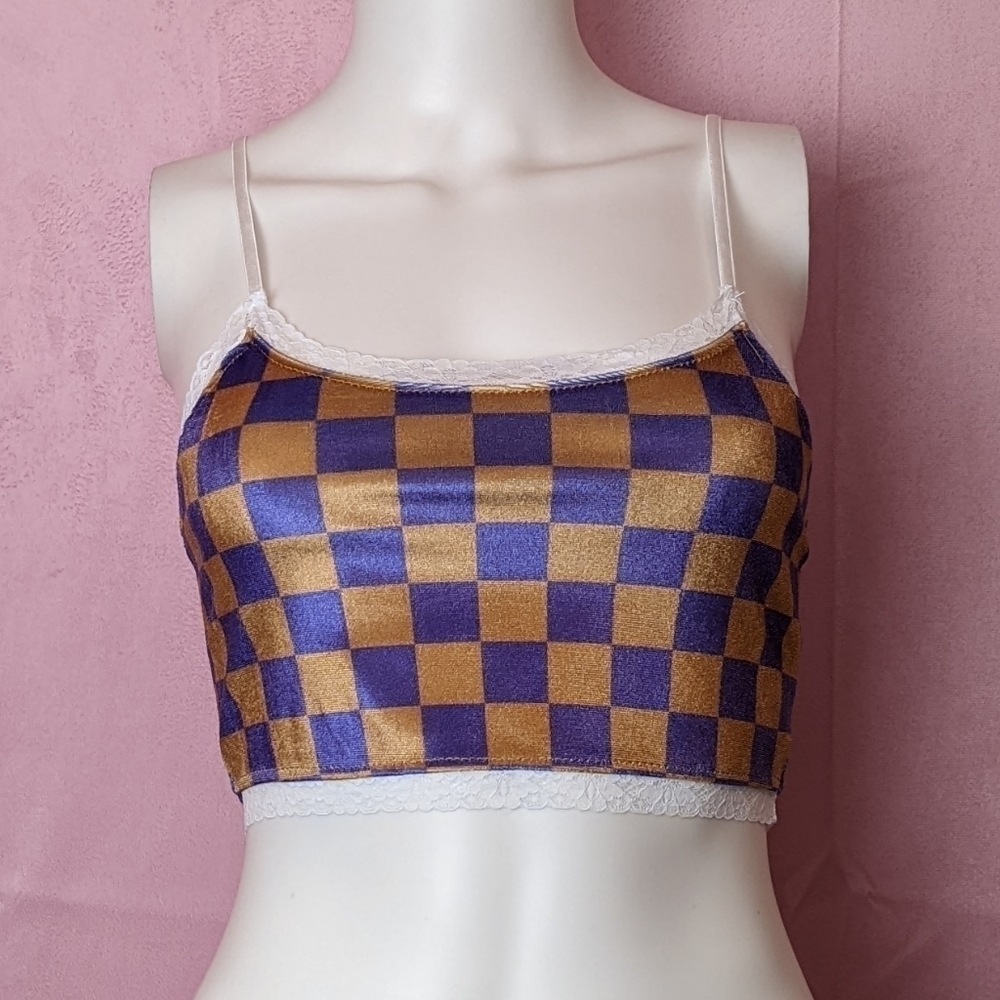 Daisy Street Dolls Kill Checkerboard Lace Trim Velour Crop Top